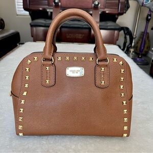 Michael Kors Studded Sandrine Brown Leather Small Satchel Bag
